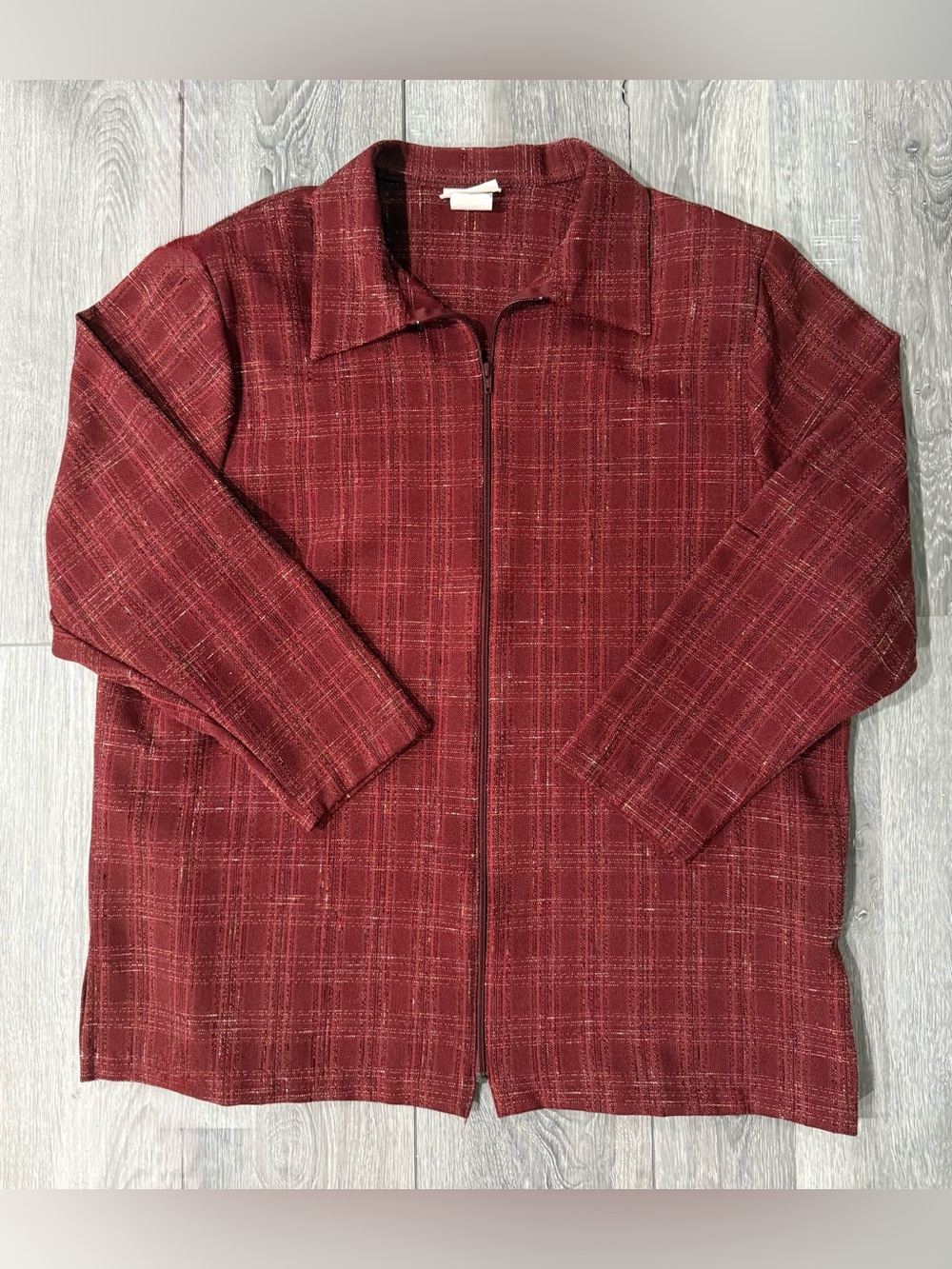 BonWorth Womens Burgundy Plaid Jacket Full Zip Collared Long Sleeve Mid-Length